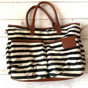 MommyDaddy & Me Black White Striped Diaper Bag Purse Brown Leather Straps
